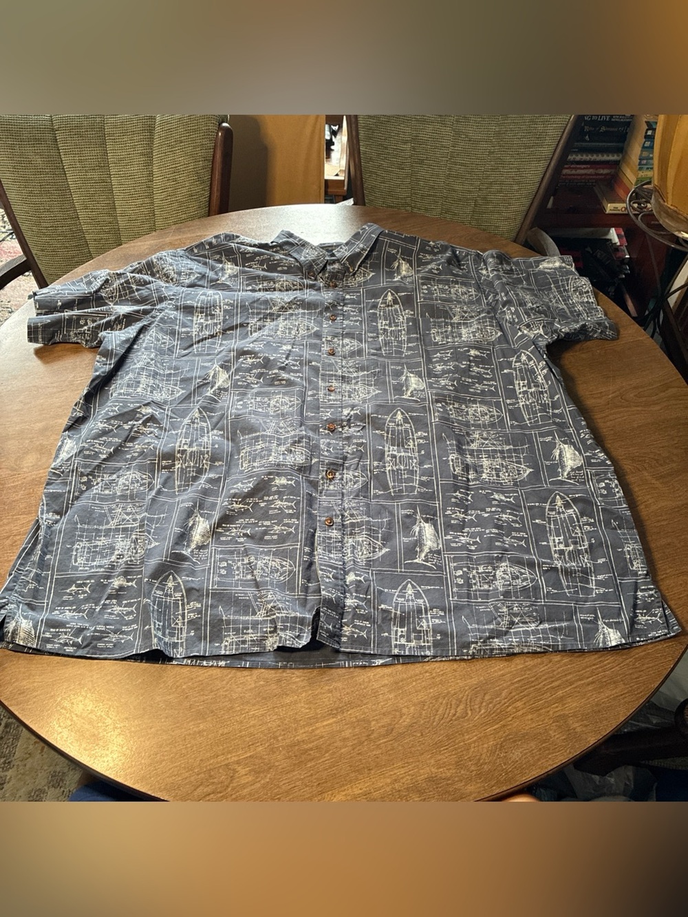 Harbor Bay Short-Sleeve Button-Down with Nautical Blueprint Print - Blue
